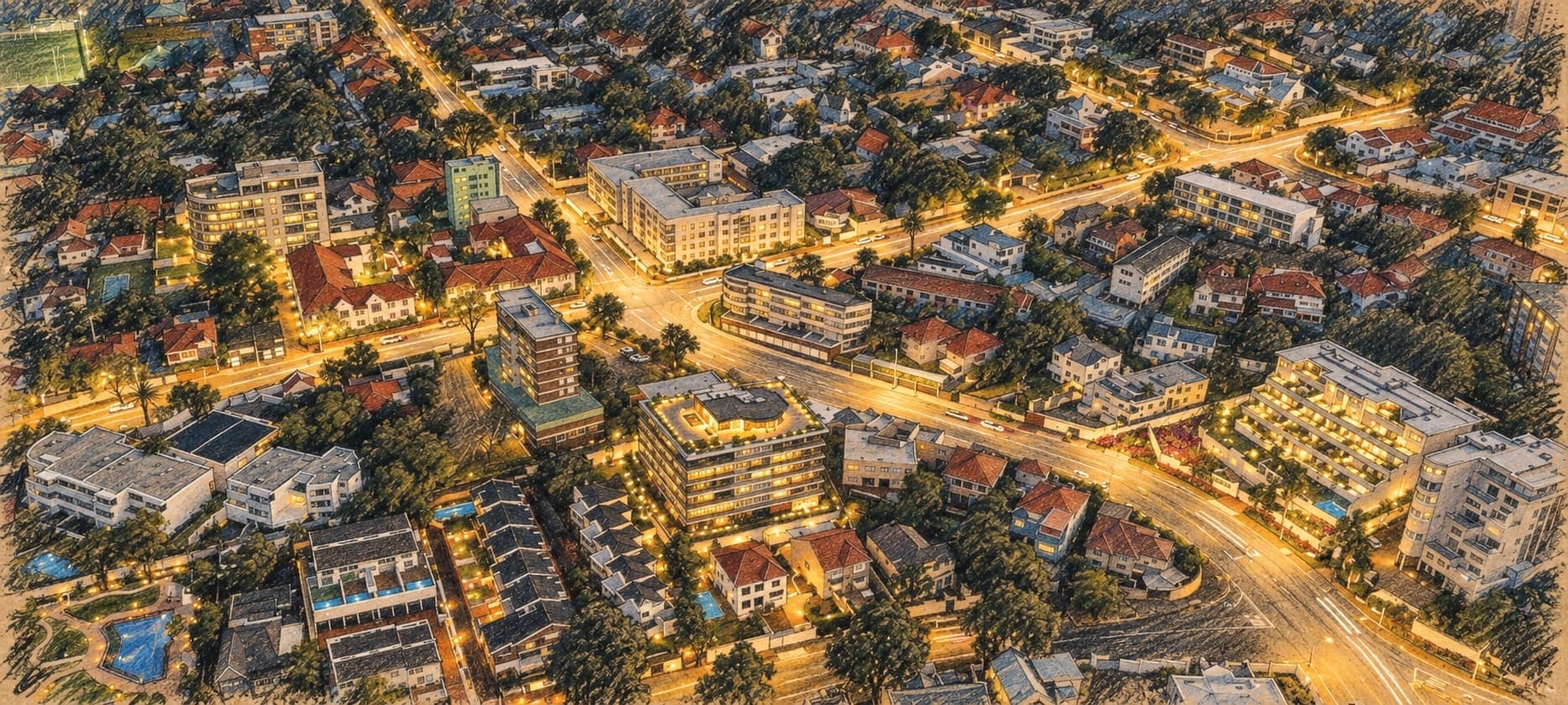 Courtroom-sketch editorial illustration of an archival aerial view of Morningside in Durban at dusk, with residential rooftops, commercial blocks and illuminated intersecting roads; regional geographic context, not a depiction of Umgababa or the October 15 shooting, rendered in warm ochre and slate-blue pastel strokes.