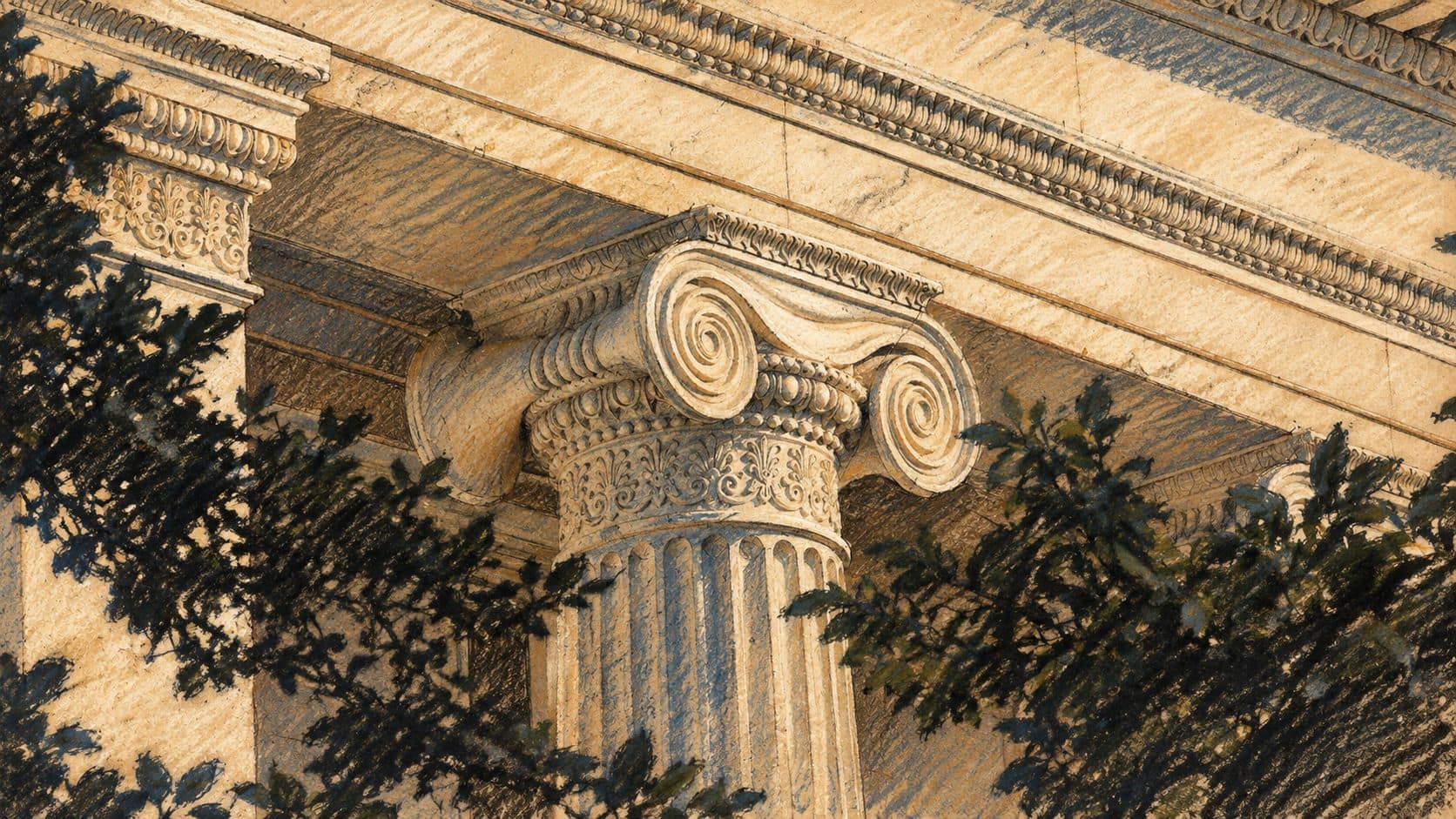 Courtroom-sketch editorial illustration of Ionic columns on the U.S. Treasury Building in an archival 2009 photograph, providing institutional context for the sanctions announcement
