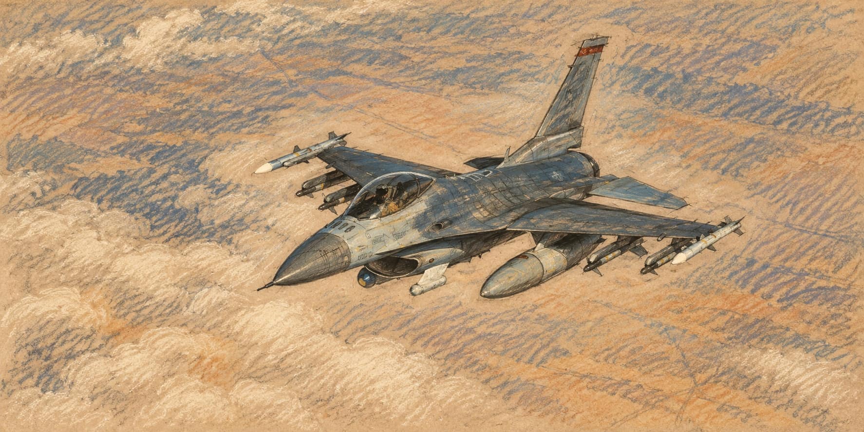 Courtroom-sketch editorial illustration of a U.S. Air Force F-16 flying above clouds on an archival January 2025 routine regional patrol, providing context for U.S.-Israeli security consultations
