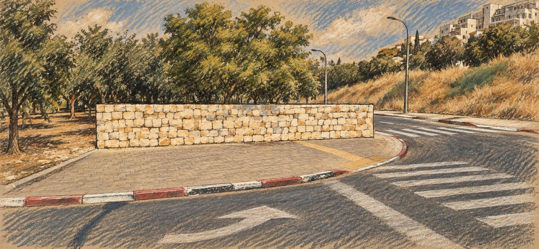 Courtroom-sketch editorial illustration of an archival May 2024 entrance to Modi'in, with a curved road, stone wall, trees and hillside apartment buildings; contextual city view for housing-market data.