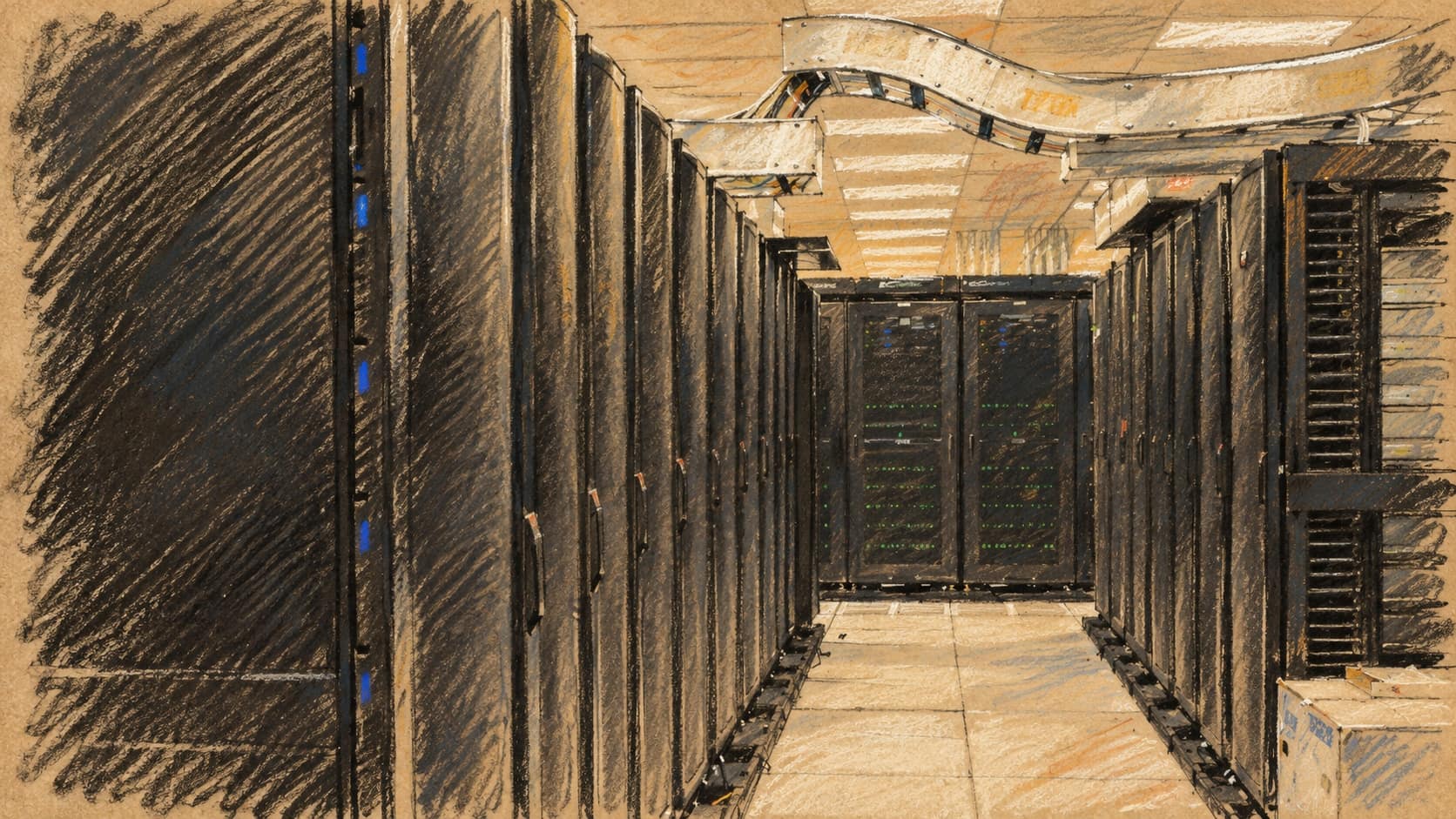 Courtroom-sketch editorial illustration of an empty aisle between dark server racks, with overhead cable railings and ceiling lights, based on an archival 2011 NERSC photograph; contextual data infrastructure.
