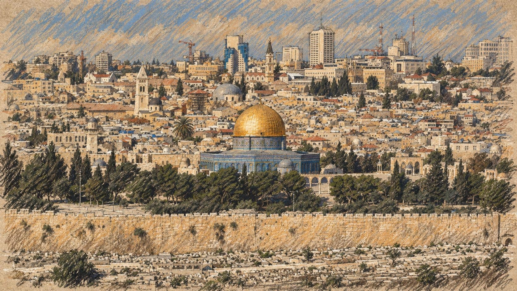Courtroom-sketch editorial illustration of an archival Jerusalem skyline with the Dome of the Rock, stone buildings, trees and Old City wall; contextual city view from November 2008.