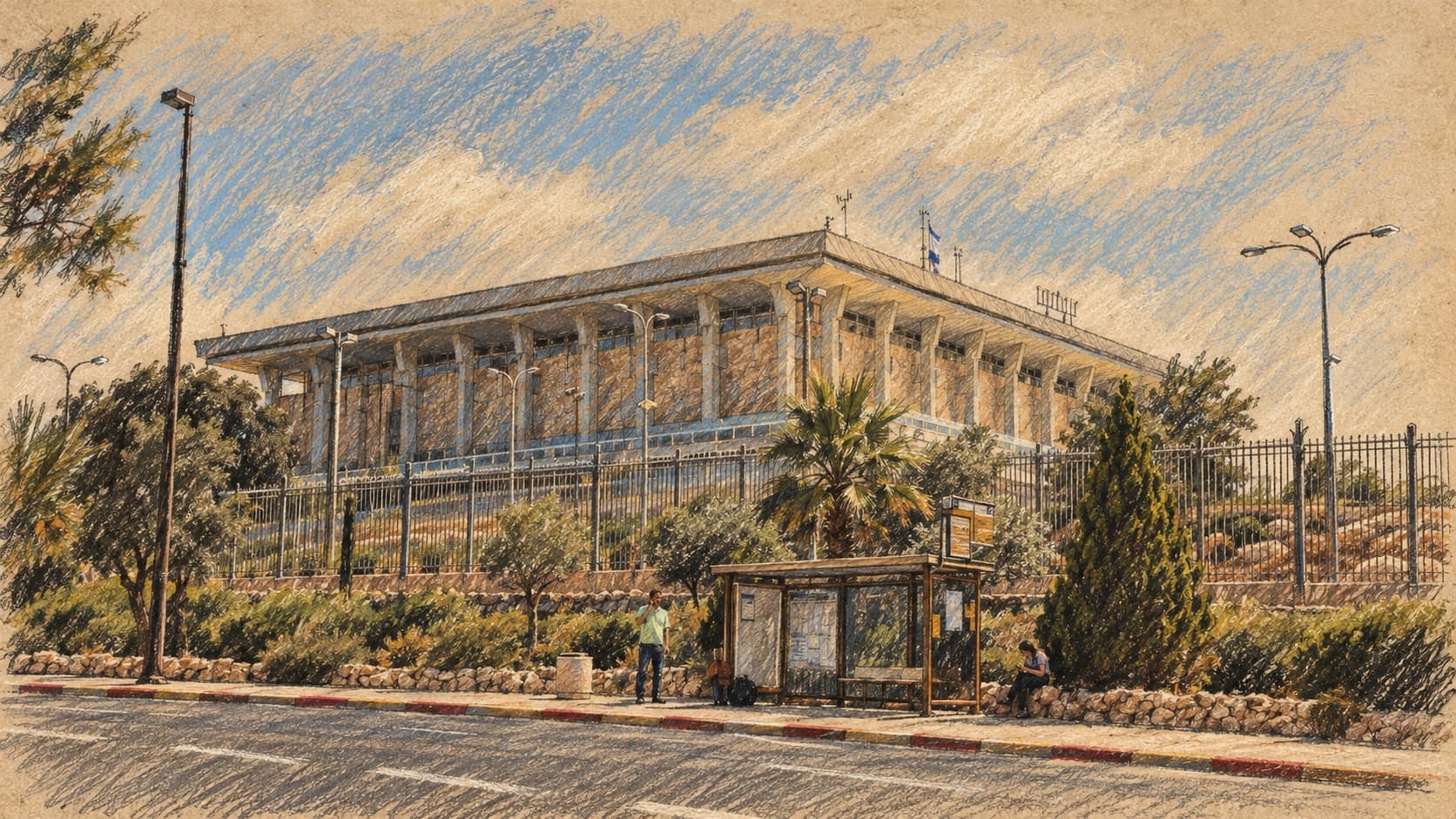 Courtroom-sketch editorial illustration of an archival Knesset exterior, with its perimeter fence, planted grounds, road and bus shelter; contextual parliamentary scene.