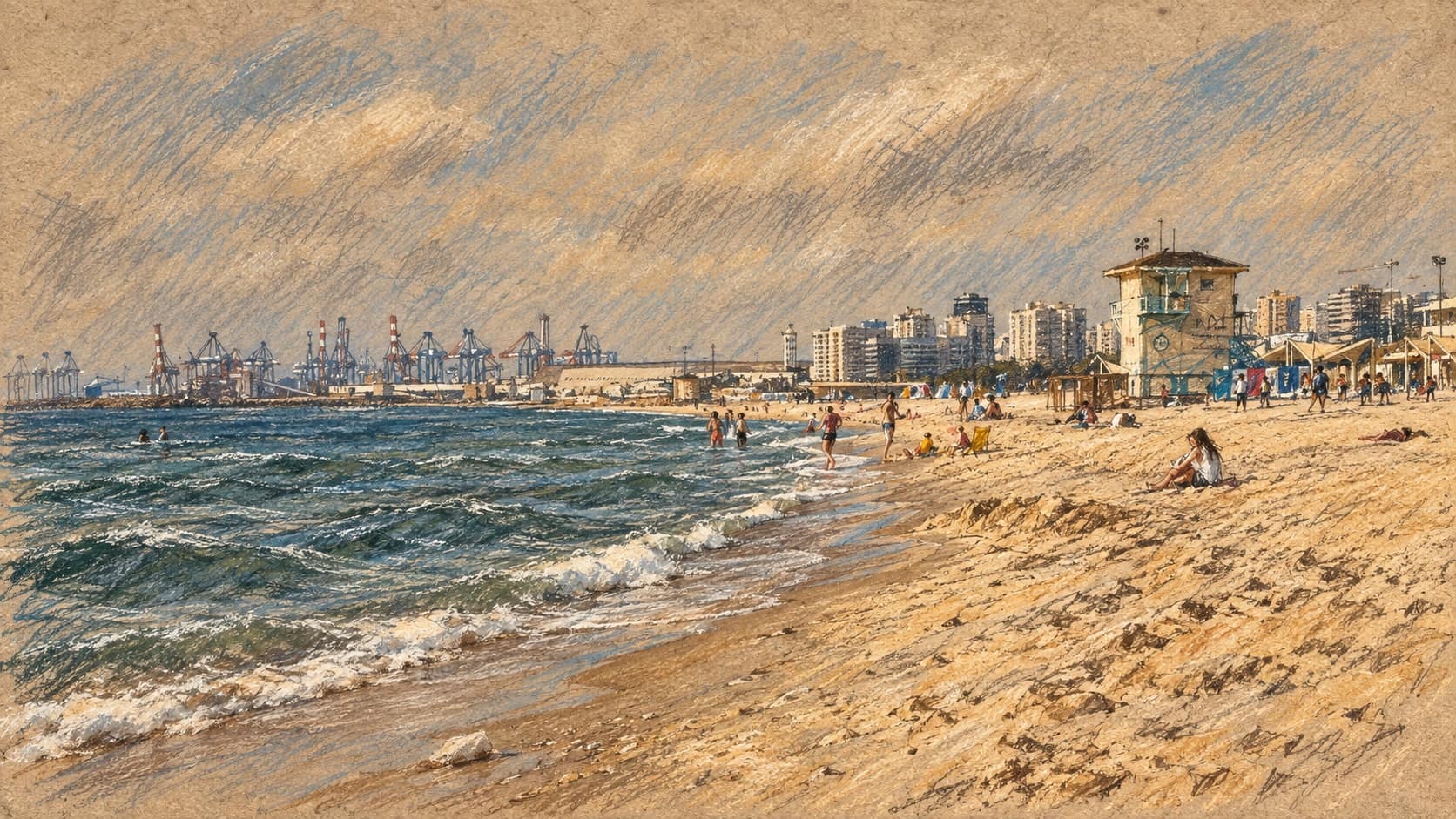 Courtroom-sketch editorial illustration of an archival view of HaKshatot Beach in Ashdod, with Mediterranean water, sand, beachgoers and distant port cranes; geographic context, not the municipal paddleboard team or Sportiada event in Eilat.