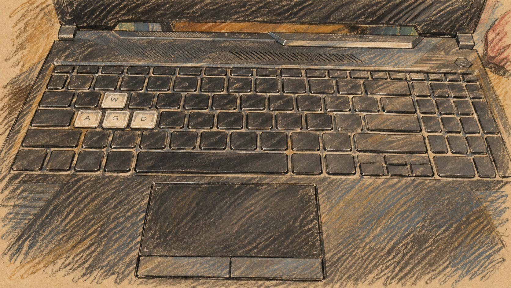 Courtroom-sketch editorial illustration of an archival laptop keyboard and touchpad, providing context for computer hardware.