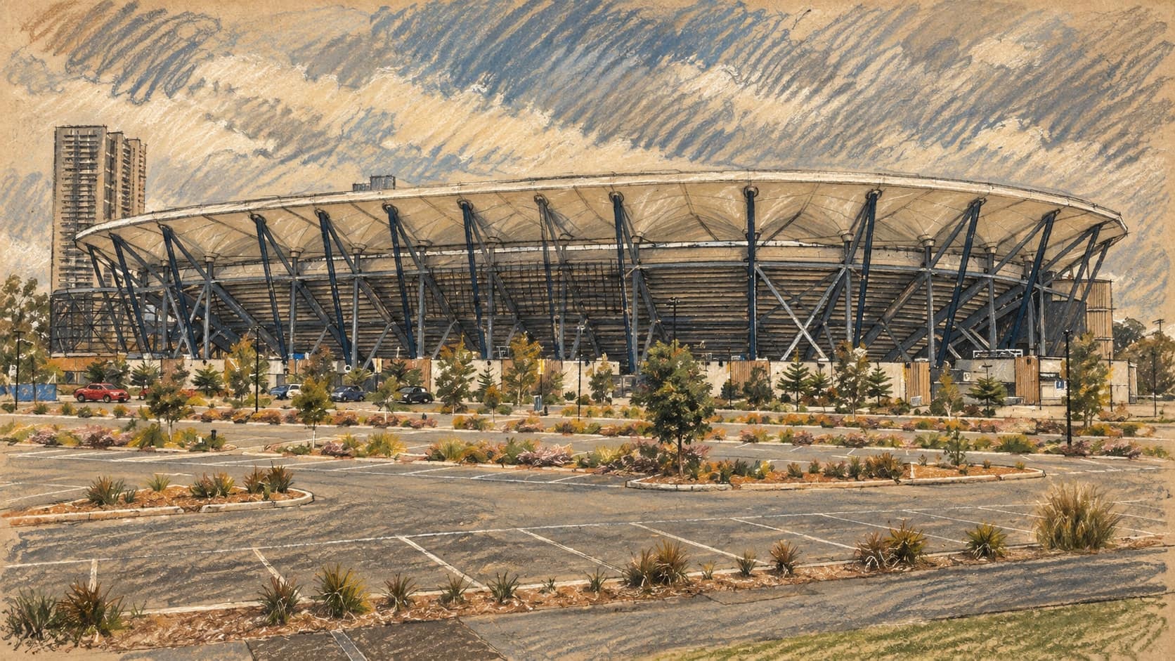 Courtroom-sketch editorial illustration of the archival exterior of Western Sydney Stadium in August 2022, with its oval roof, dark steel supports and landscaped parking forecourt, rendered in warm ochre and slate-blue pastel strokes; contextual venue imagery, not a depiction of the 2026 match.