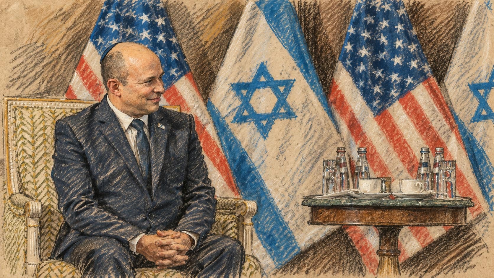 Courtroom-sketch editorial illustration of Naftali Bennett seated beside Israeli and American flags, based on an archival August 2021 portrait used as context for his October 2026 interview