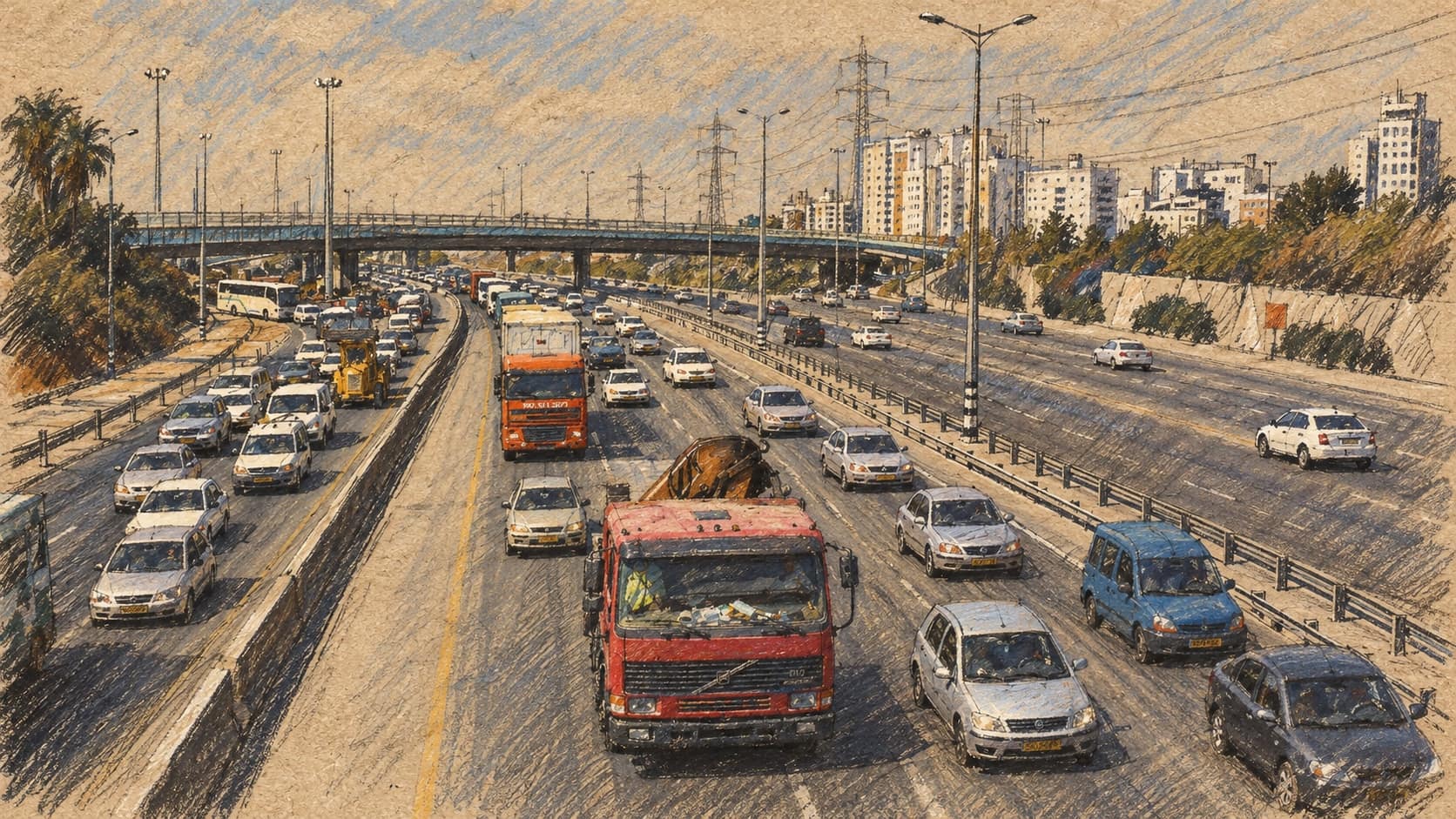 Courtroom-sketch editorial illustration of archival traffic on Route 4 at Bar Ilan Interchange, shown as road context rather than the accident near Tzrif Junction
