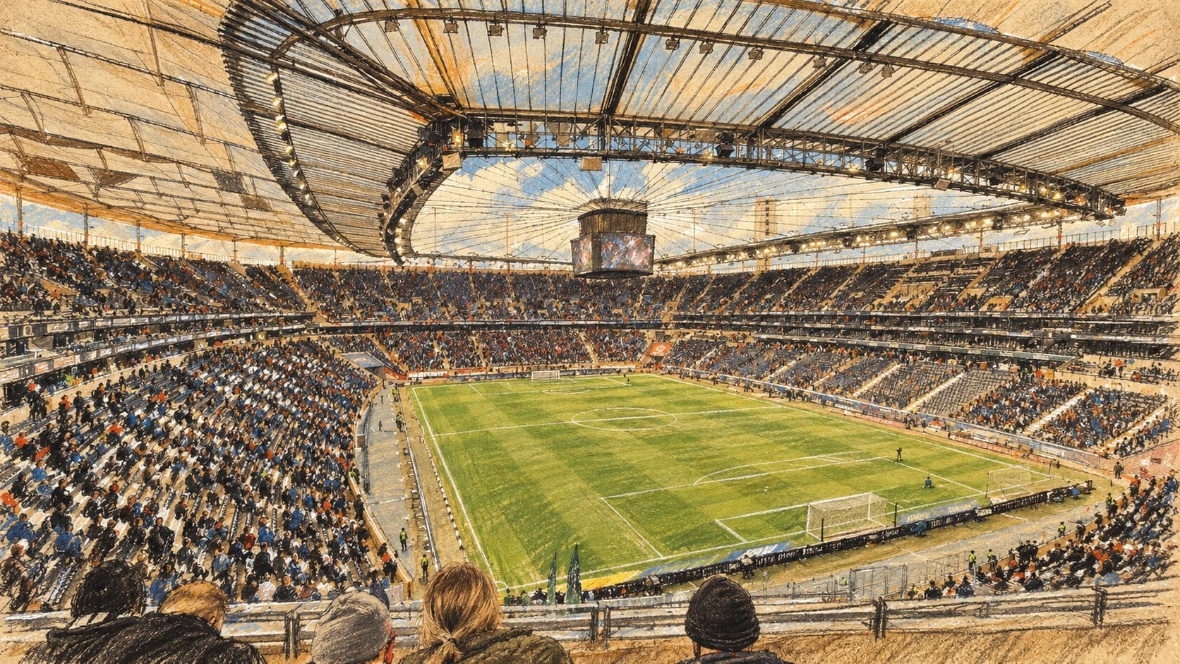 Courtroom-sketch editorial illustration of an archival February 2024 view inside Deutsche Bank Park in Frankfurt, with its sweeping roof, football pitch and spectator stands, rendered in warm ochre and slate-blue pastel strokes; contextual venue view, not the October 16, 2026 Frankfurt-Cologne match.
