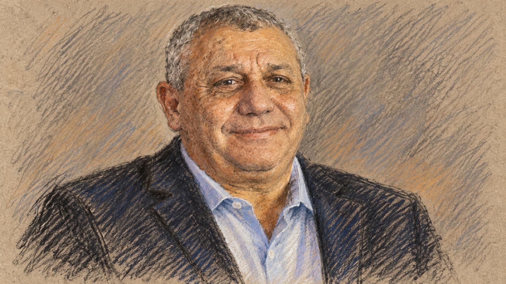 Courtroom-sketch editorial illustration of an archival February 2024 portrait of Gadi Eisenkot in a dark civilian jacket and pale blue shirt, providing context for his campaign remarks
