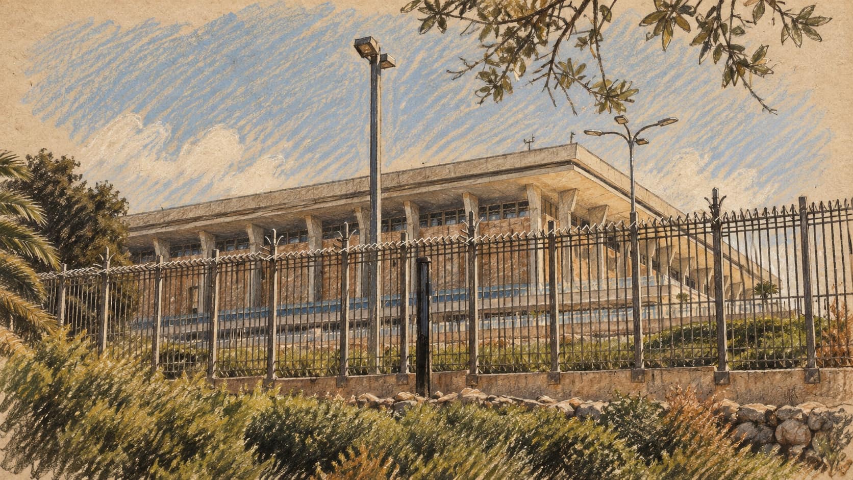 Courtroom-sketch editorial illustration of the Knesset building in Jerusalem behind its exterior fence and greenery; archival 2018 institutional context, not a depiction of the current election warning