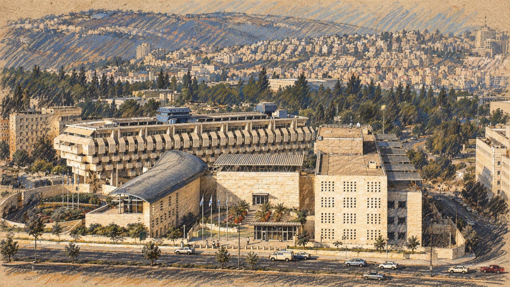 Courtroom-sketch editorial illustration of Israel's Foreign Ministry complex in Jerusalem, with the Bank of Israel behind it, based on a July 2006 archival photograph; institutional context for the ministry's response on trade restrictions.