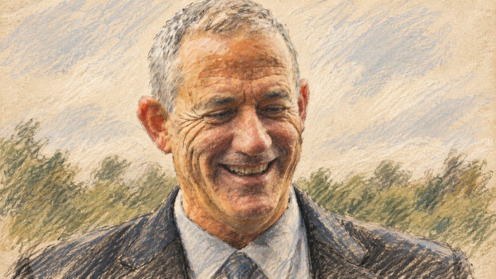 Courtroom-sketch editorial illustration of an archival portrait of Benny Gantz smiling outdoors in a civilian suit and tie
