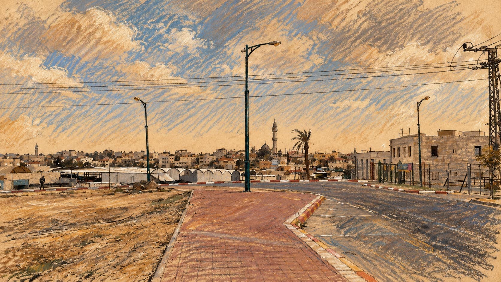 Courtroom-sketch editorial illustration of an archival 2011 street view in Rahat, with low-rise buildings, street lamps, a palm and a mosque minaret; contextual cityscape rather than a depiction of the reported gunfire.