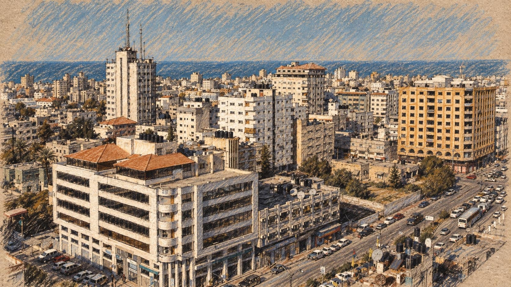 Courtroom-sketch editorial illustration of an archival 2007 Gaza City panorama, used as geographic context rather than a depiction of the disclosed strikes