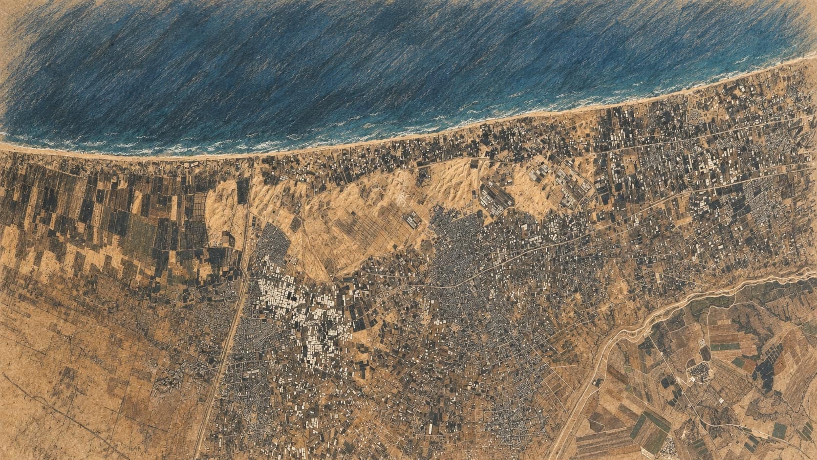Courtroom-sketch editorial illustration of an archival 2010 aerial view of Rafah and the southern Gaza coast, used as geographic context for the 2024 encounter