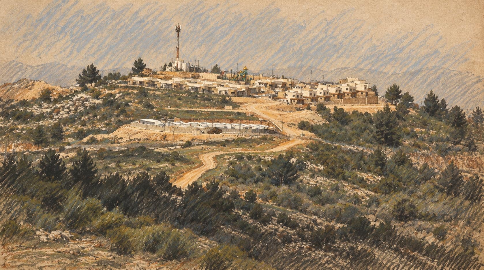 Courtroom-sketch editorial illustration of an archival view of Ateret on a wooded hilltop, used as geographic context for the nearby vehicle incident