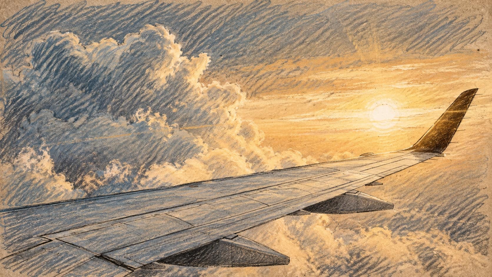 Courtroom-sketch editorial illustration of a passenger-aircraft wing above clouds, using an archival aviation reference as context for the warning