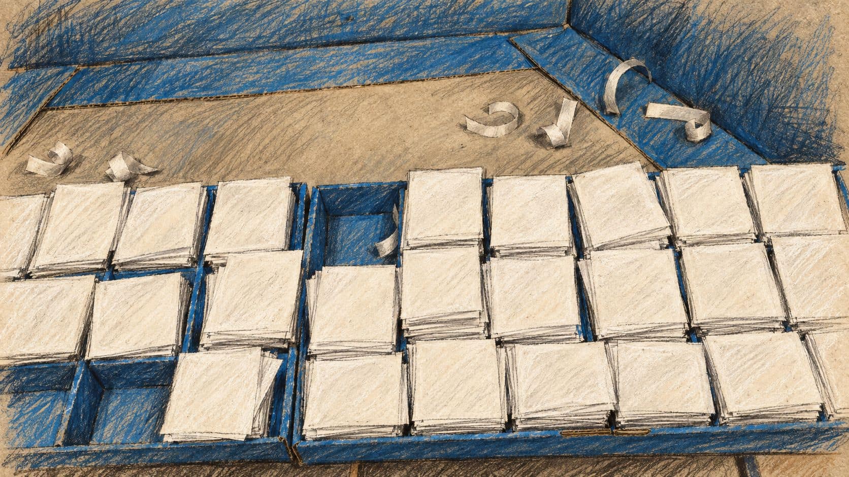 Courtroom-sketch editorial illustration of archival March 2020 ballot-paper stacks in blue compartments at an Israeli polling station in Ramat Gan, used as election context; it does not depict the ambassador or voting in Argentina.