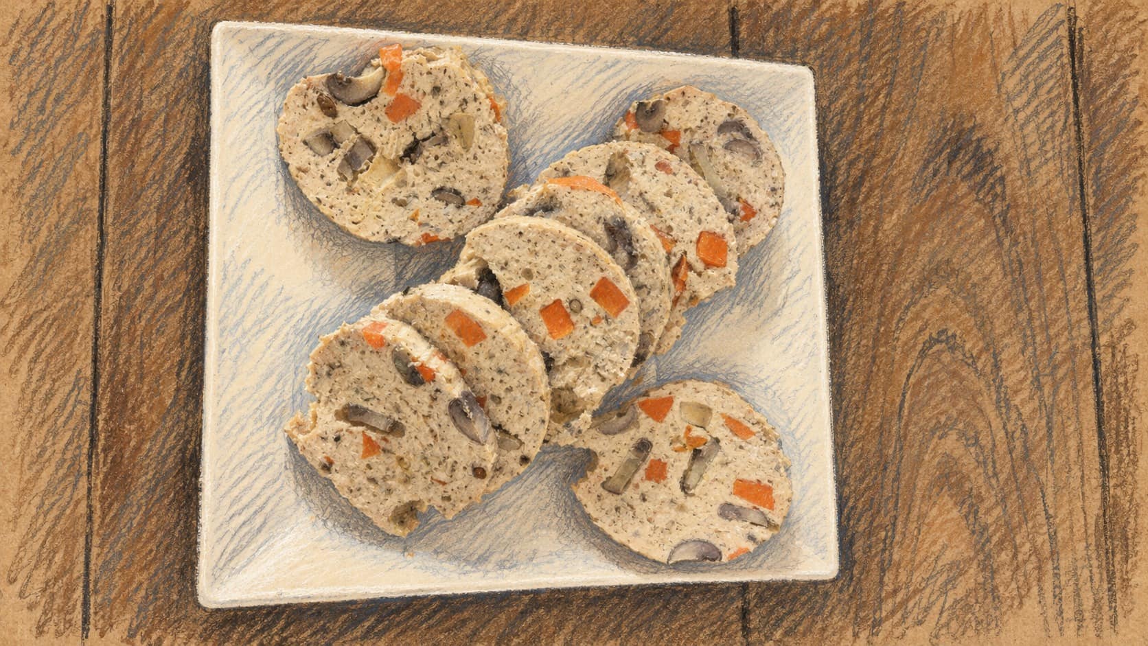 Courtroom-sketch editorial illustration of sliced chicken sausage on a white plate, used as contextual food imagery