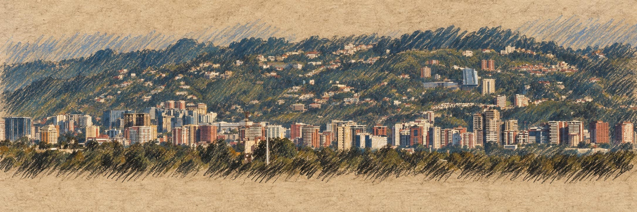 Courtroom-sketch editorial illustration of an archival November 2019 Guatemala City skyline with apartment buildings and wooded hills, used as Guatemala context; it does not depict the diplomats voting.