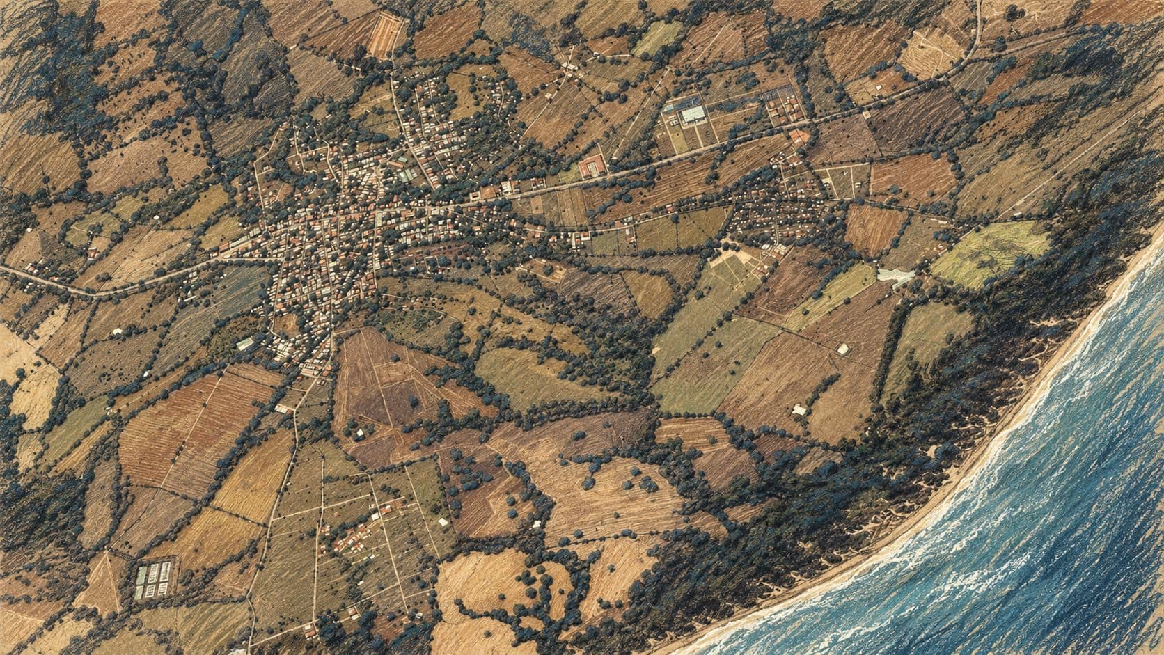Courtroom-sketch editorial illustration of an archival March 2025 aerial view of the town of Pedasí, surrounding fields and Pacific coast in Panama, used as regional context for the water-system delivery in Cañas