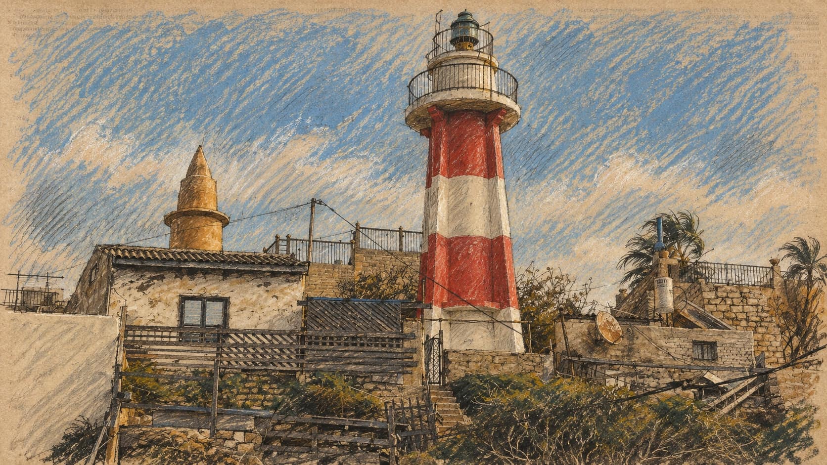 Courtroom-sketch editorial illustration of the Jaffa lighthouse and surrounding buildings, based on an archival 2008 photograph for place context; it does not depict the school or alleged incident.