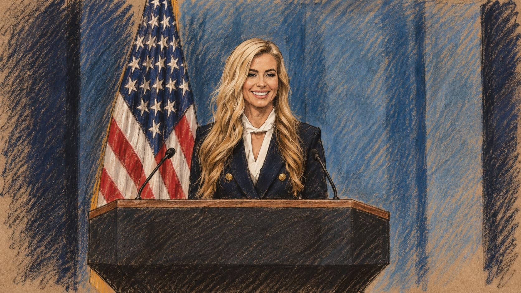 Courtroom-sketch editorial illustration of Katie Zacharia smiling behind a lectern beside the United States flag at her October 13, 2026 first White House press briefing, rendered in warm ochre and slate-blue pastel strokes; an earlier briefing scene, not her departure.