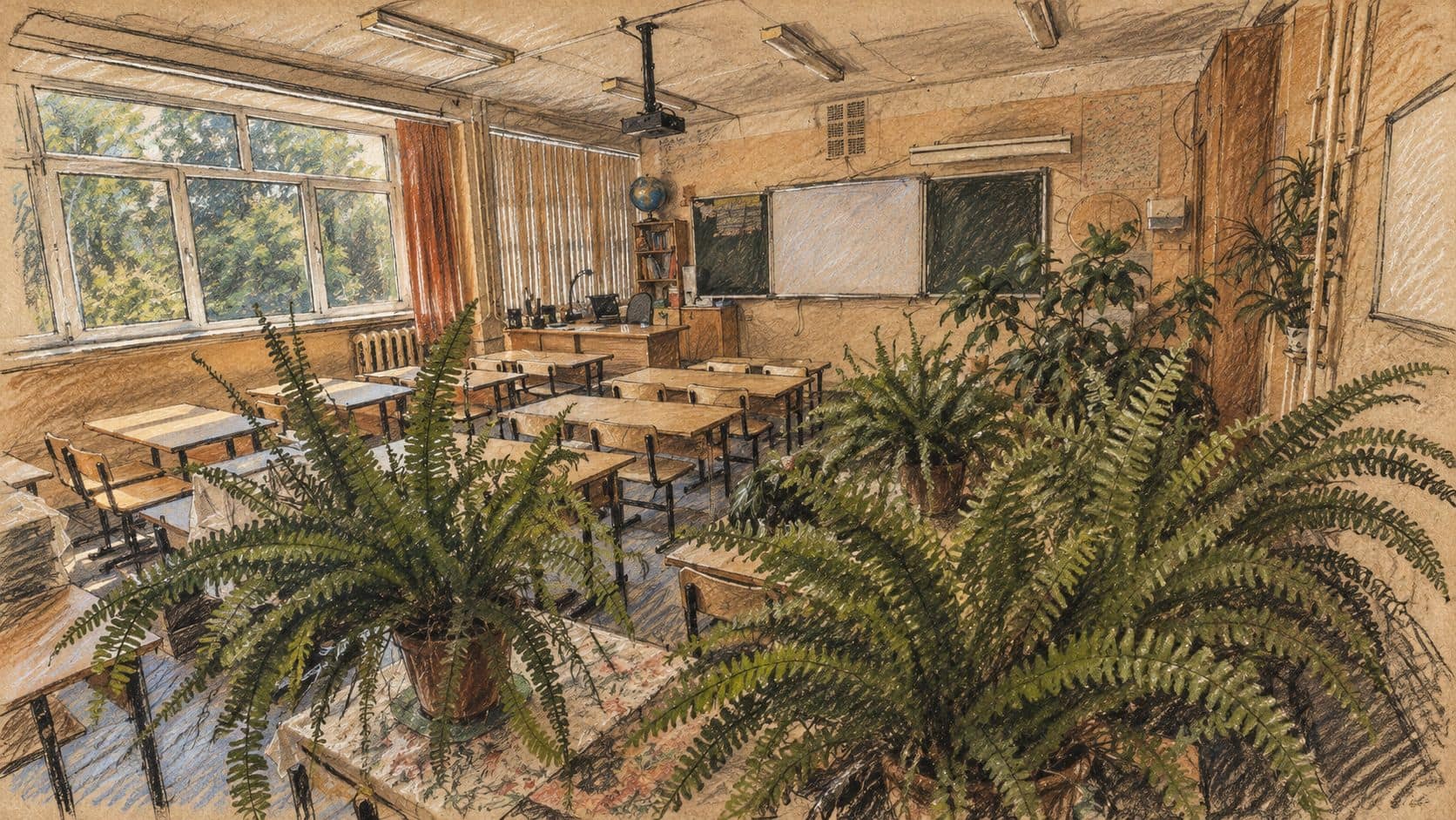 Courtroom-sketch editorial illustration of an empty classroom with desks, blackboards and potted ferns, used as archival education context.