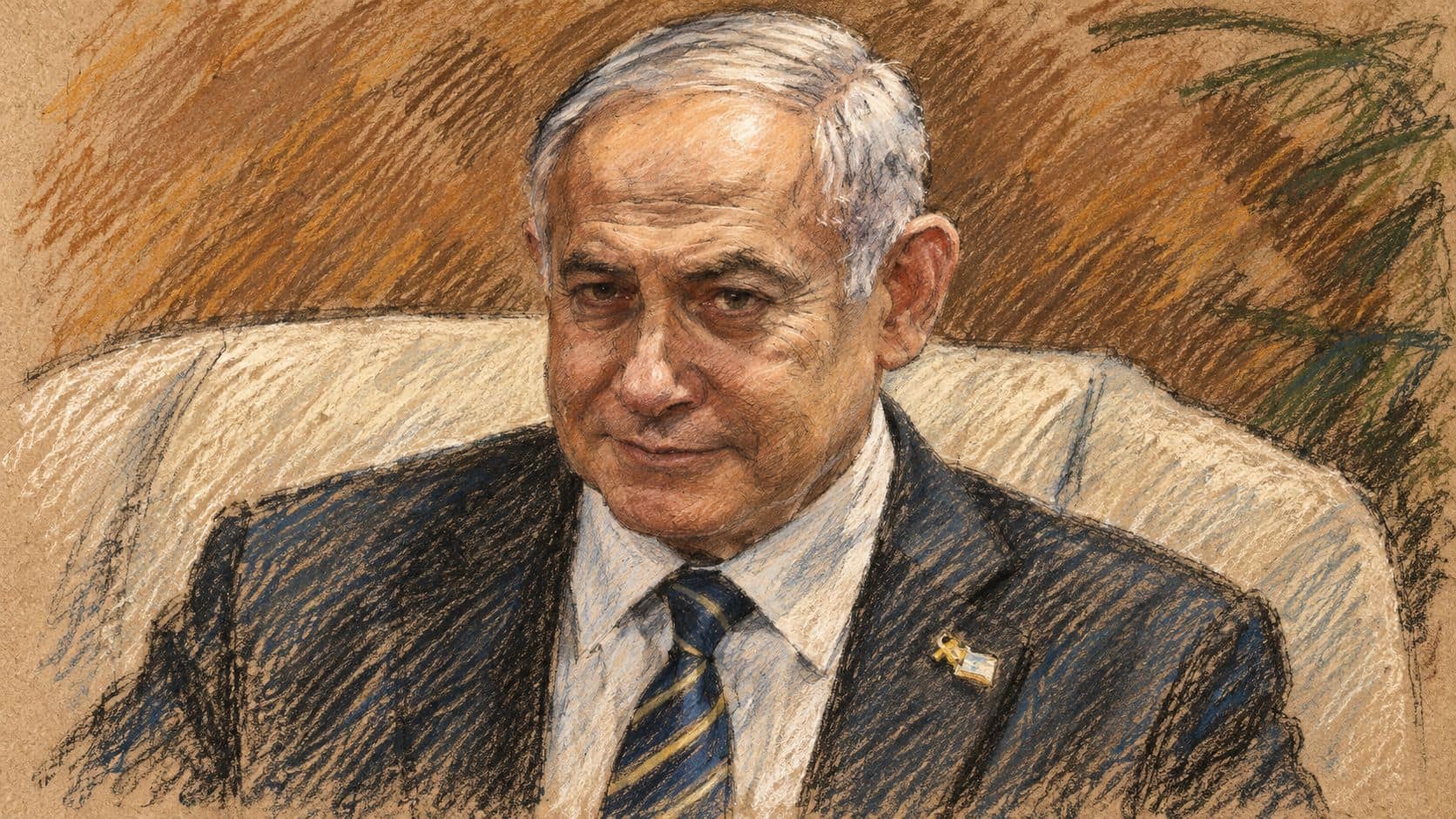Courtroom-sketch editorial illustration of an archival January 2019 portrait of Benjamin Netanyahu seated in a white chair, wearing a dark suit and striped tie, used as context for the announced defamation claim.