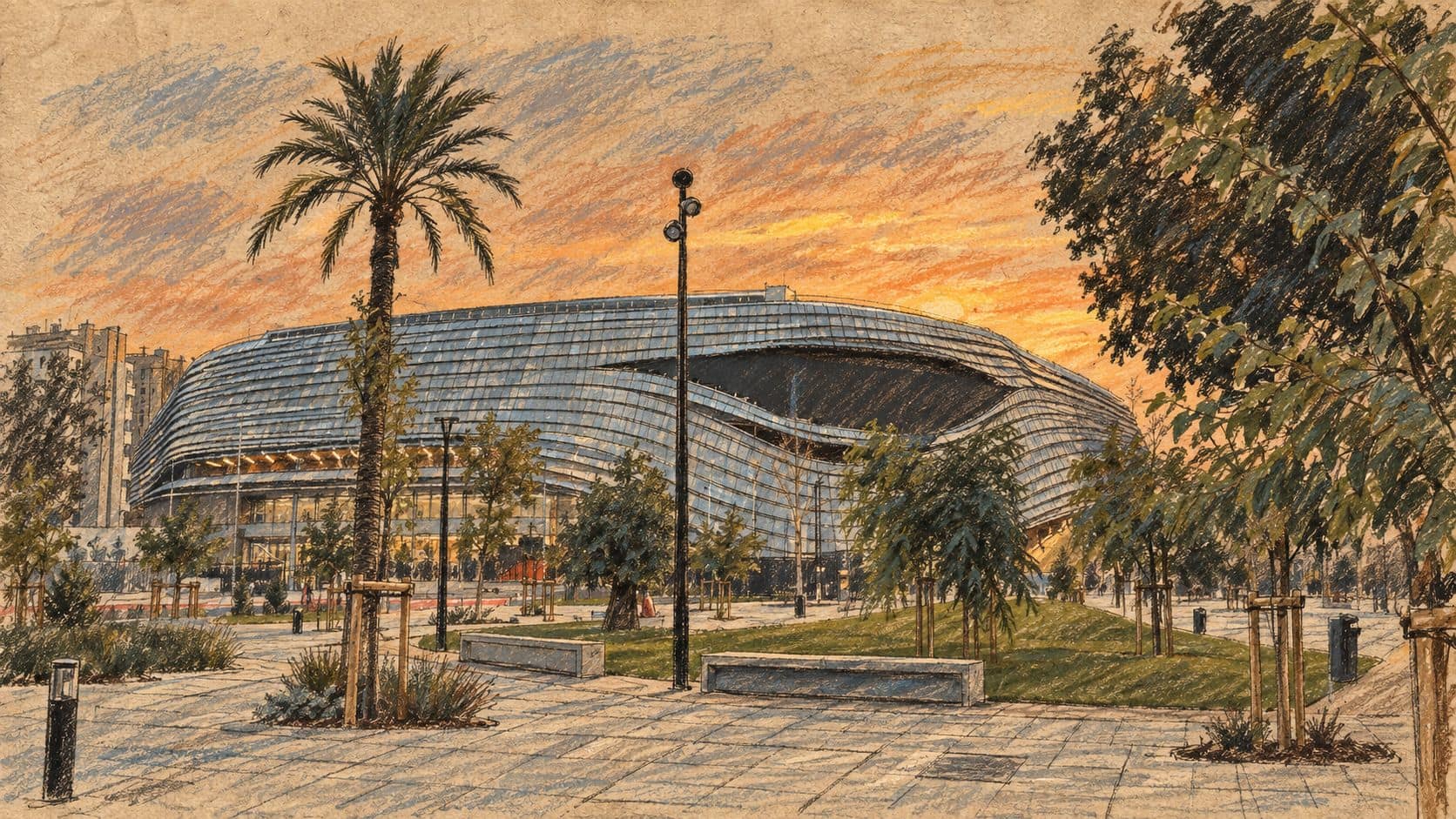 Courtroom-sketch editorial illustration of Roig Arena in Valencia, viewed across a paved plaza with palms and trees at sunset; archival venue context from September 2025, not a depiction of the October 2026 match.