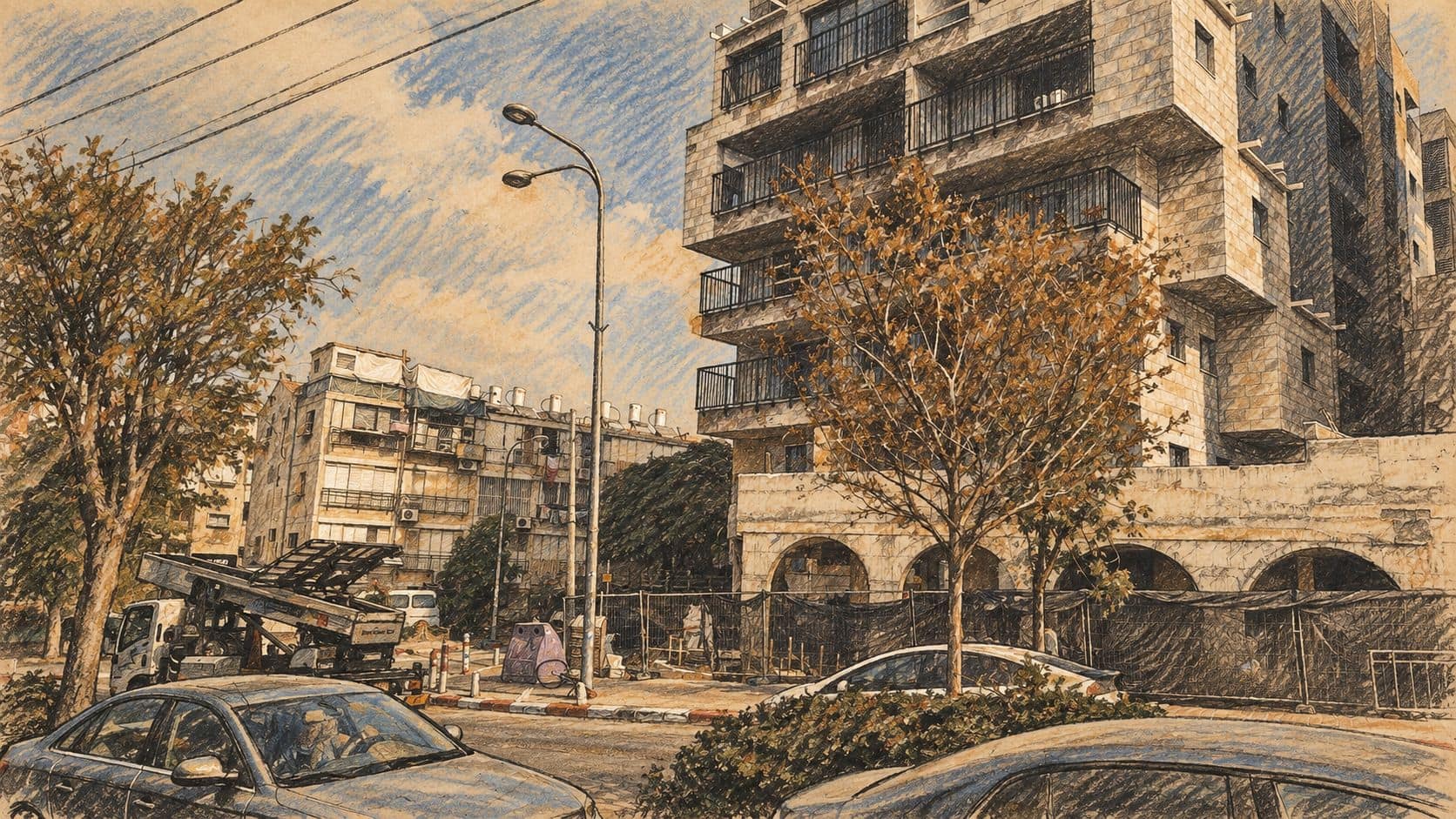 Courtroom-sketch editorial illustration of an archival November 2025 streetscape with apartment buildings, parked cars and trees in Bnei Brak, shown for city context.