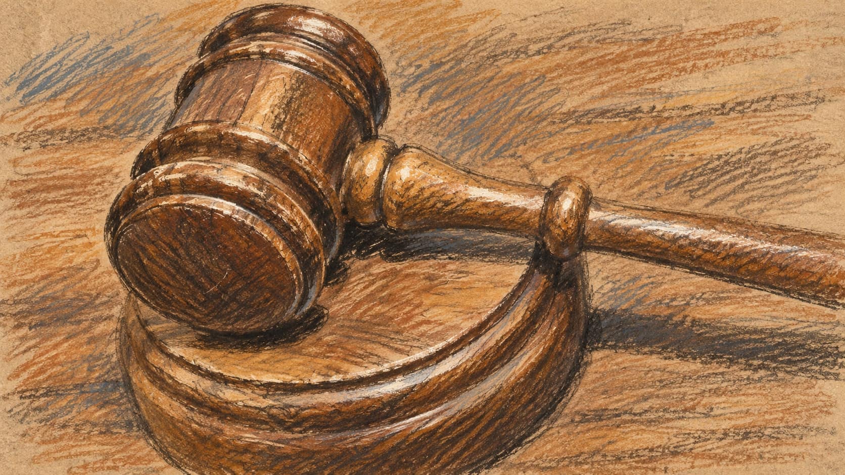 Courtroom-sketch editorial illustration of an archival wooden gavel resting on a round sound block, rendered in warm ochre and slate-blue pastel strokes; symbolic justice imagery based on a 2019 U.S. Air Force photograph, not a depiction of the Meerut courtroom or sentencing.