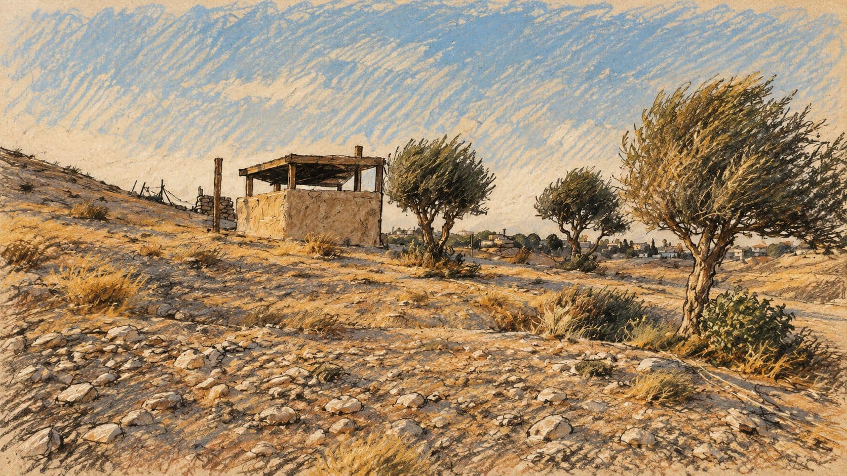 Courtroom-sketch editorial illustration of an archival 2020 view of olive trees and a small roofed structure on rocky hills near Jericho; contextual landscape for the olive-harvest ruling, rather than a depiction of the ruling or alleged conduct.