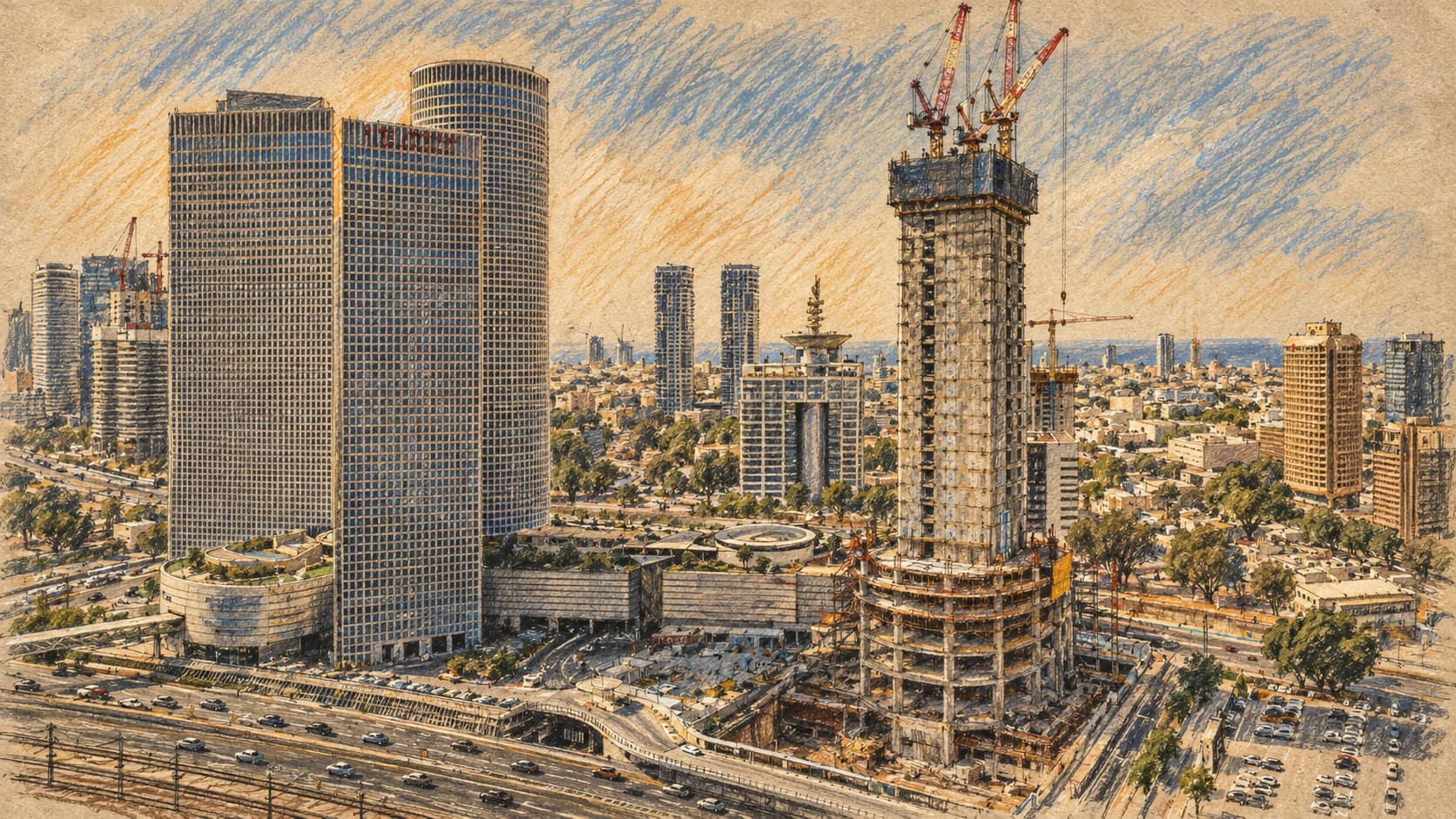 Courtroom-sketch editorial illustration of an archival Tel Aviv cityscape with Azrieli towers, used as city context for a planned community event