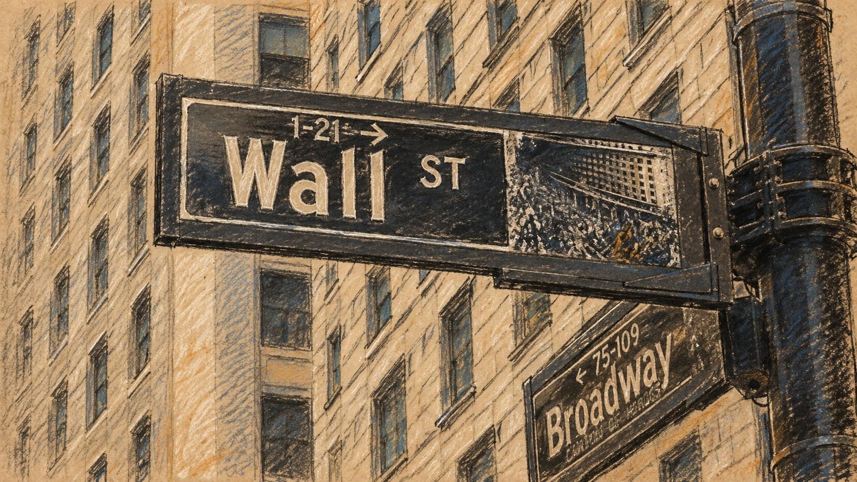 Courtroom-sketch editorial illustration of street signs at Wall Street and Broadway against office buildings, used as archival market context