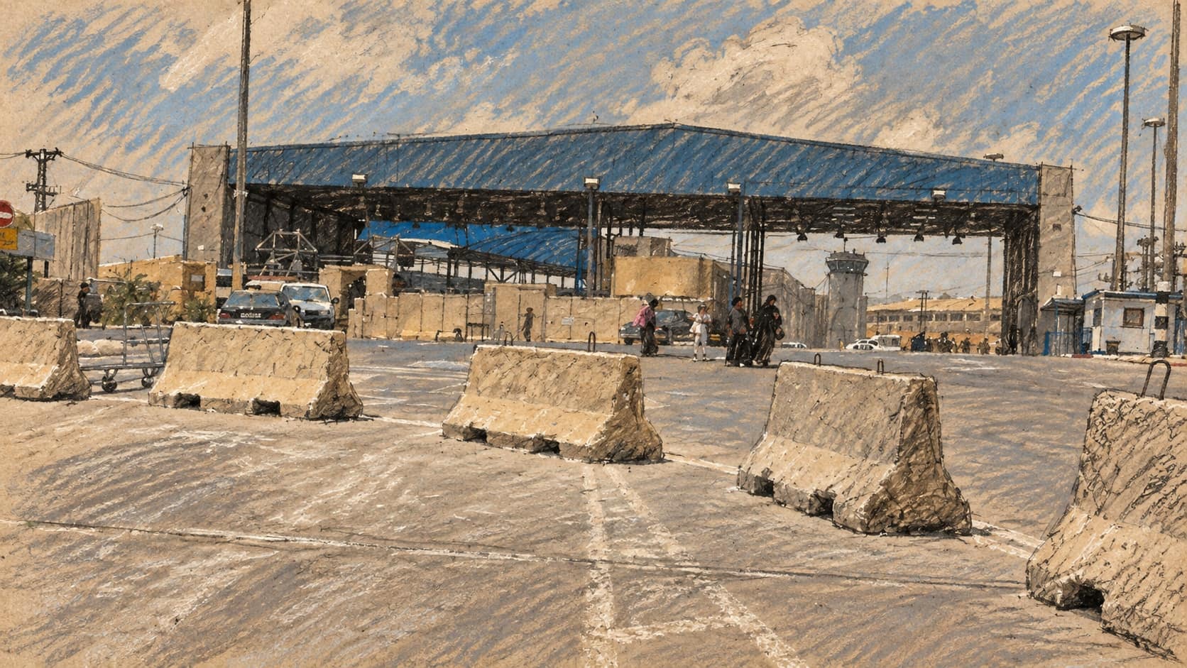 Courtroom-sketch editorial illustration of the Erez crossing canopy and concrete road barriers, based on an archival July 2005 photograph; contextual northern Gaza-border scene, not the Nachala site.