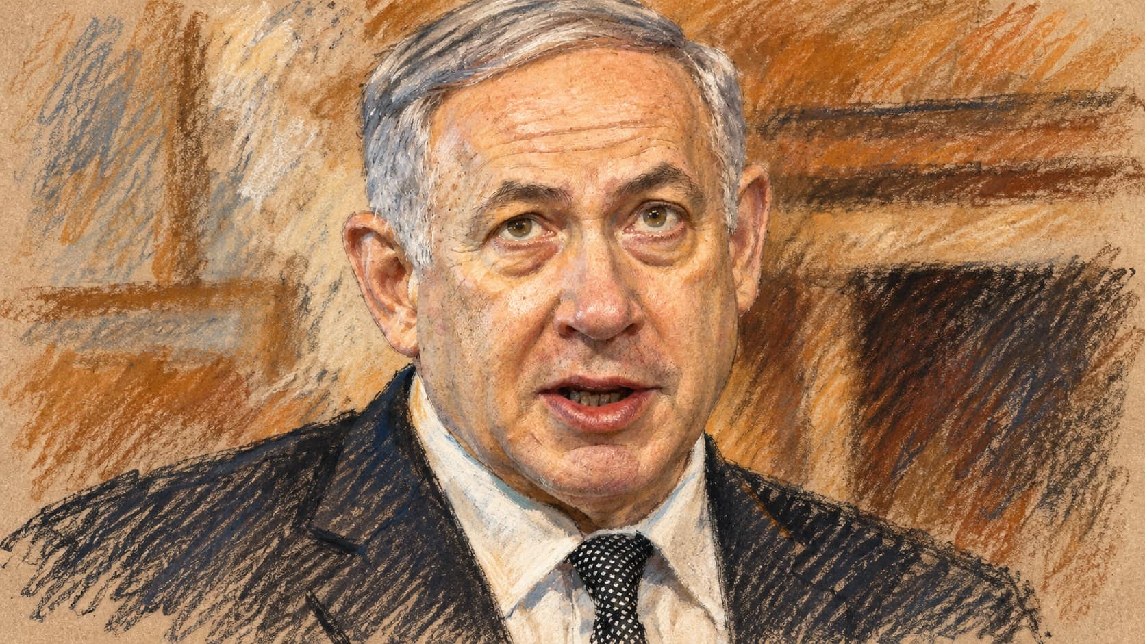 Courtroom-sketch editorial illustration of an archival June 2016 portrait of Benjamin Netanyahu addressing reporters in Rome, providing context for his message to Americans