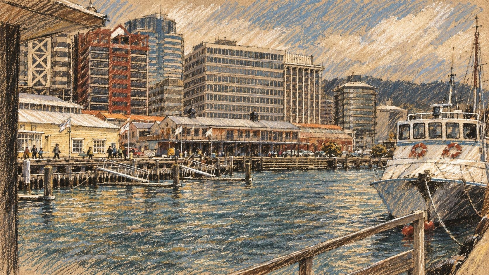 Courtroom-sketch editorial illustration of an archival Wellington waterfront view, with wharf buildings, skyline and a moored boat, used as context for the court ruling and rendered in warm ochre and slate-blue pastel strokes.