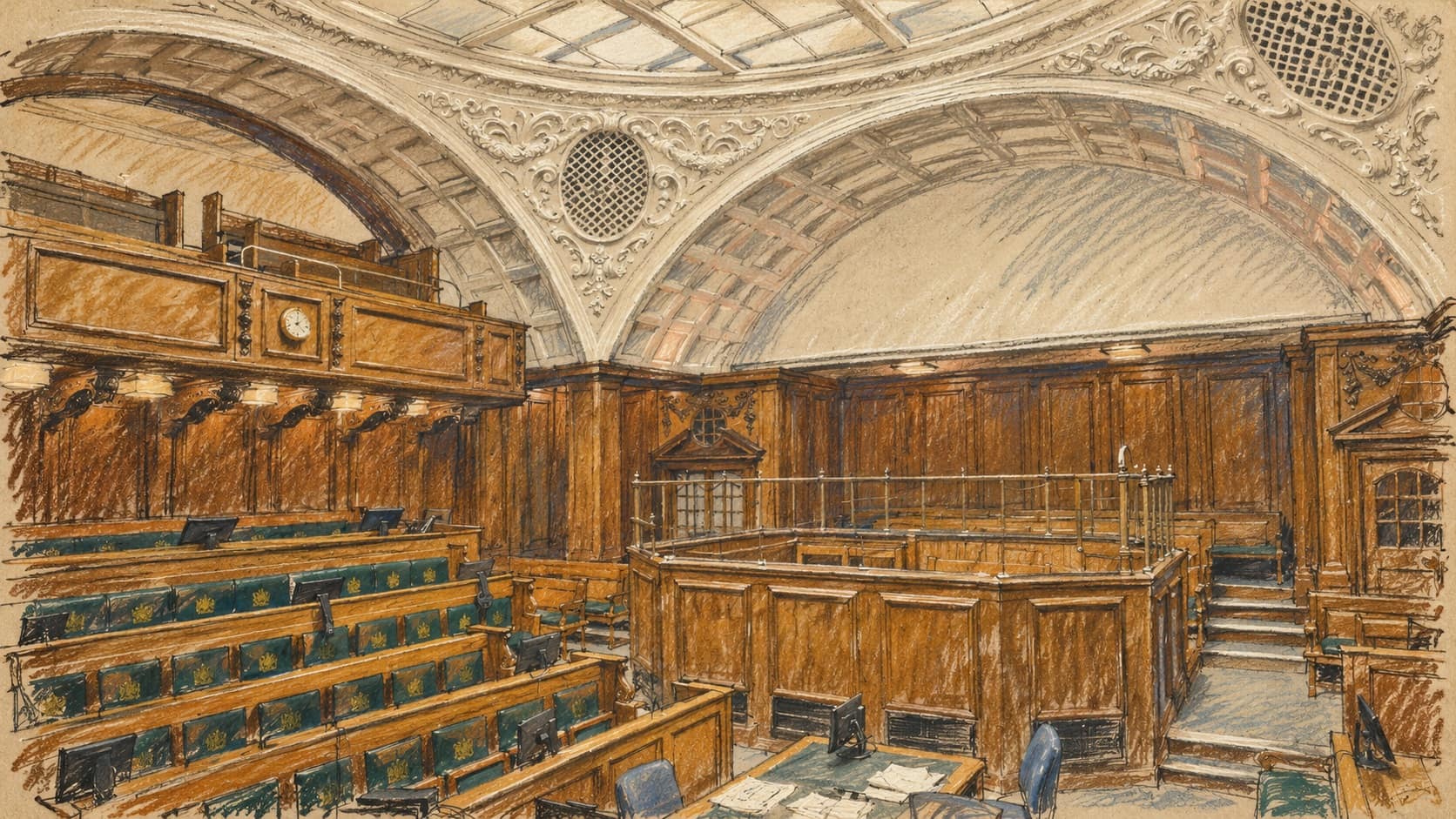 Courtroom-sketch editorial illustration of the empty wooden dock and green benches in an archival Old Bailey courtroom, providing UK criminal justice context