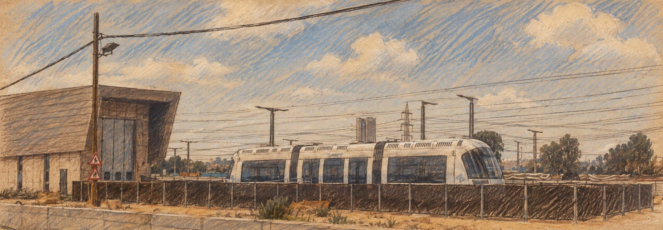 Courtroom-sketch editorial illustration of a light-rail tram beside the depot near Petah Tikva Kiryat Aryeh, based on an archival photograph; contextual rail imagery rather than the Orlov crossing works