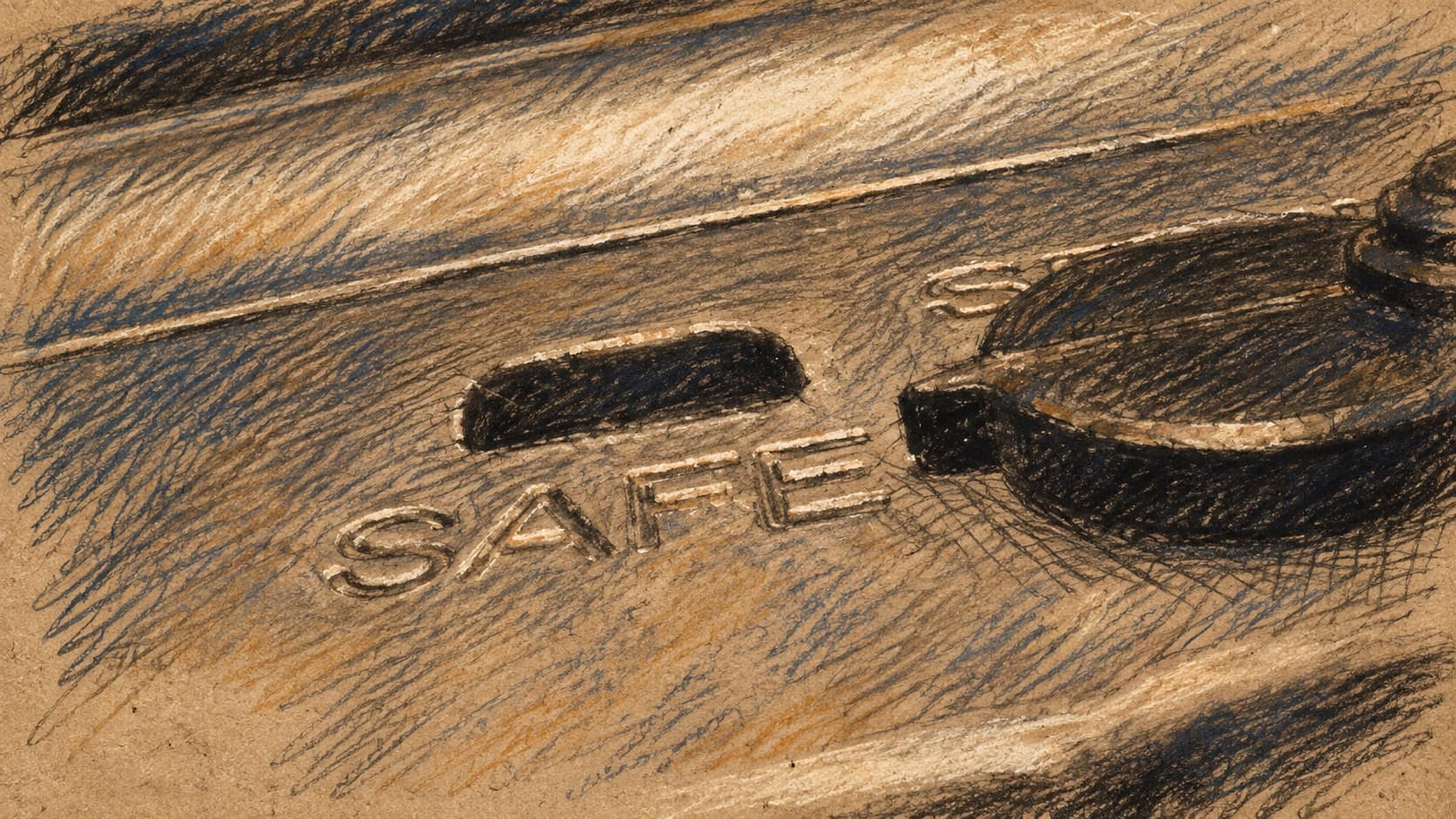 Courtroom-sketch editorial illustration of an archival close-up of an M16A2 rifle safety selector; contextual firearm image, not the rifle found near Kafr Qara or a depiction of the arrest.