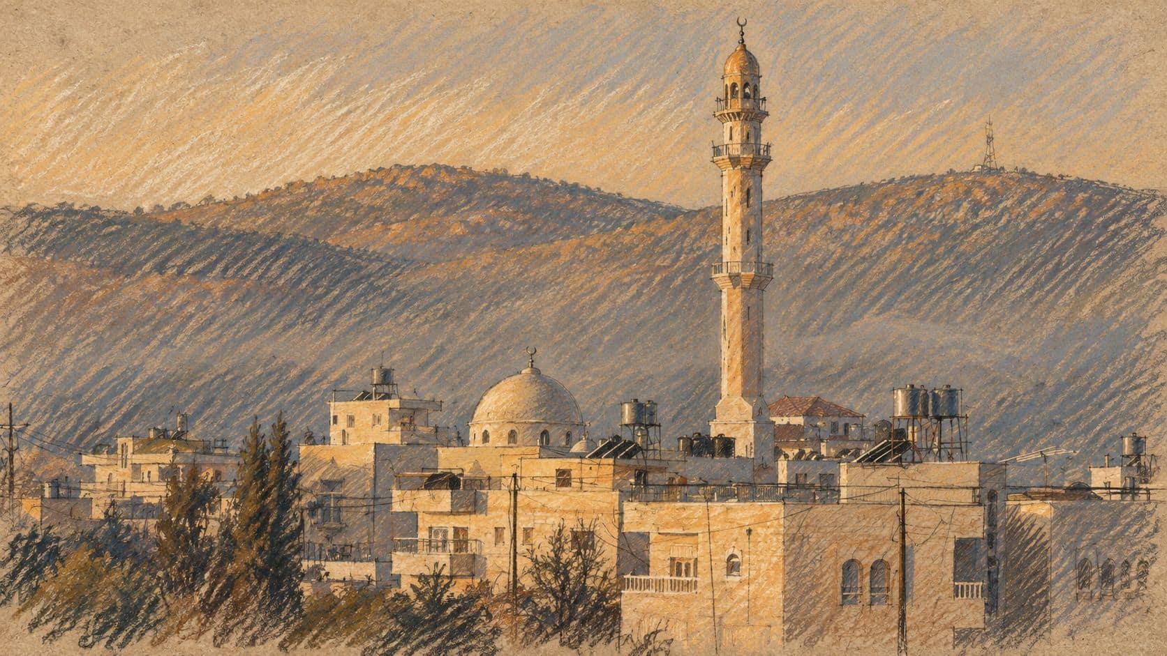 Courtroom-sketch editorial illustration of an archival 2007 view of Turmus Ayya rooftops, mosque minaret and surrounding hills; contextual townscape rather than the reported confrontations.