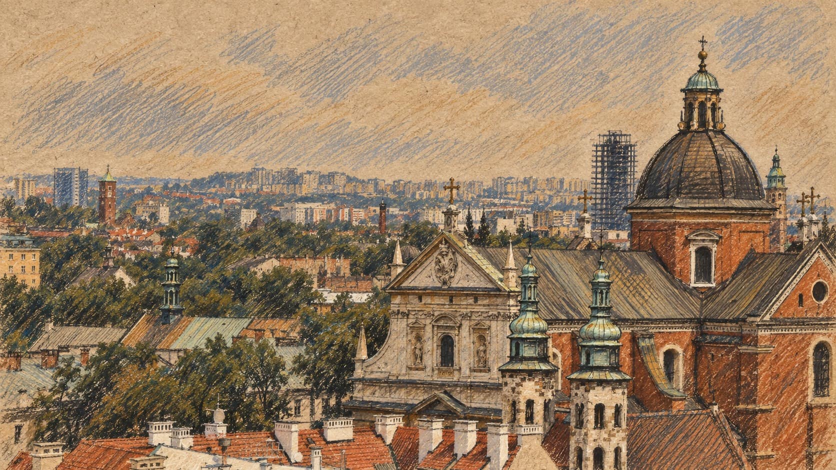 Courtroom-sketch editorial illustration of an archival Kraków skyline with historic rooftops and church towers, providing city context
