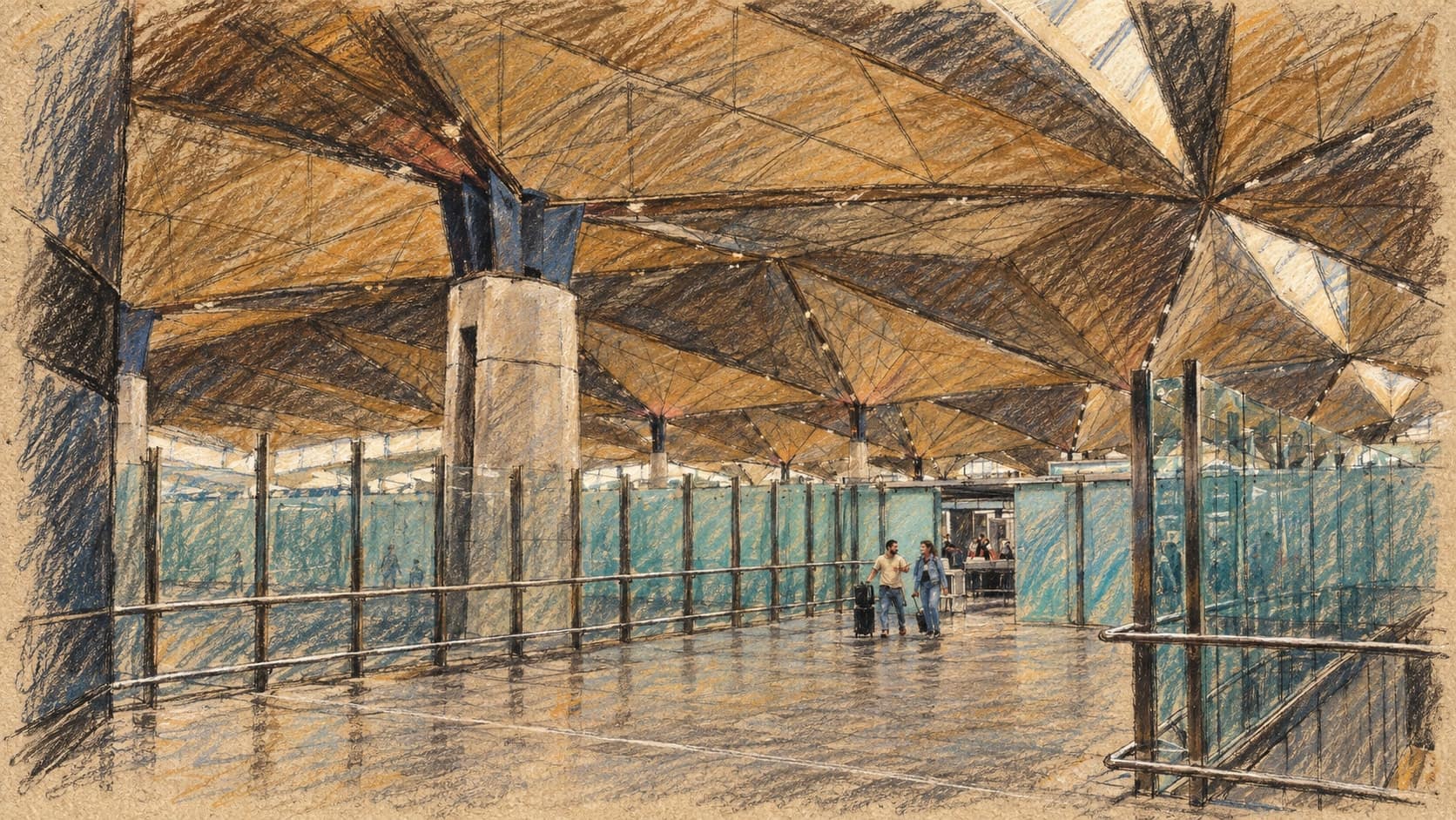 Courtroom-sketch editorial illustration of an archival July 2020 view inside Pulkovo Airport, with a faceted ceiling, glass partitions, railings and distant passengers, rendered in warm ochre and slate-blue pastel strokes; contextual imagery, not a depiction of the October 16 flight restrictions.
