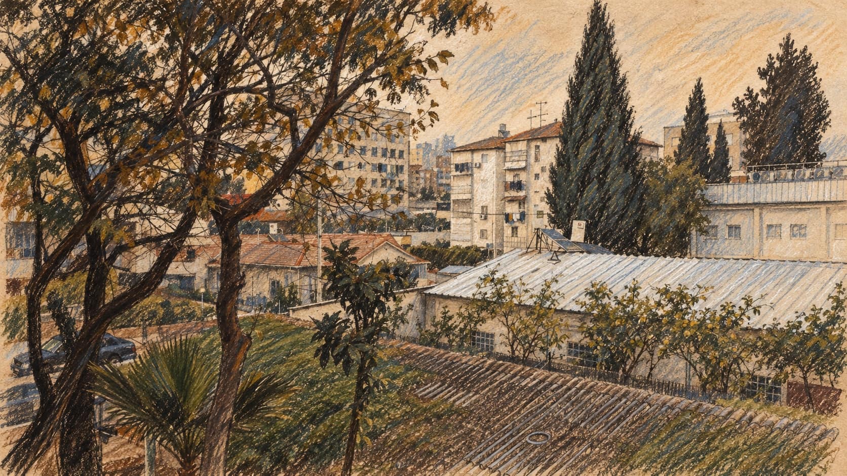 Courtroom-sketch editorial illustration of an archival January 2018 view of buildings, roofs and trees in Rehovot, used as city context
