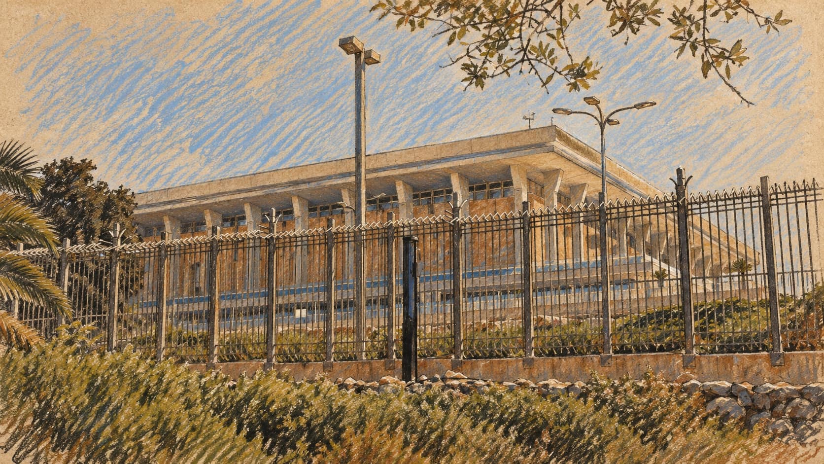 Courtroom-sketch editorial illustration of the Knesset building in Jerusalem behind a metal perimeter fence, shrubs and lamp posts; archival institutional context for election vote-sharing talks.