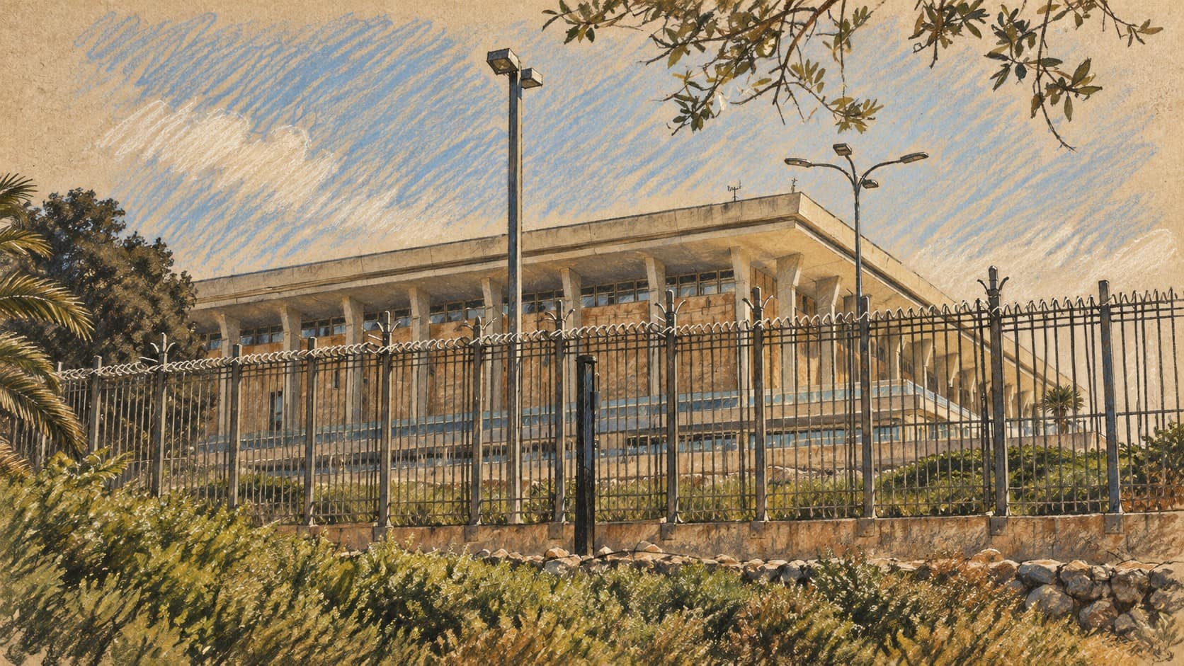 Courtroom-sketch editorial illustration of an archival Knesset exterior in Jerusalem, providing institutional context for Simcha Rothman’s remarks on judicial reform rather than depicting the discussion in Megiddo