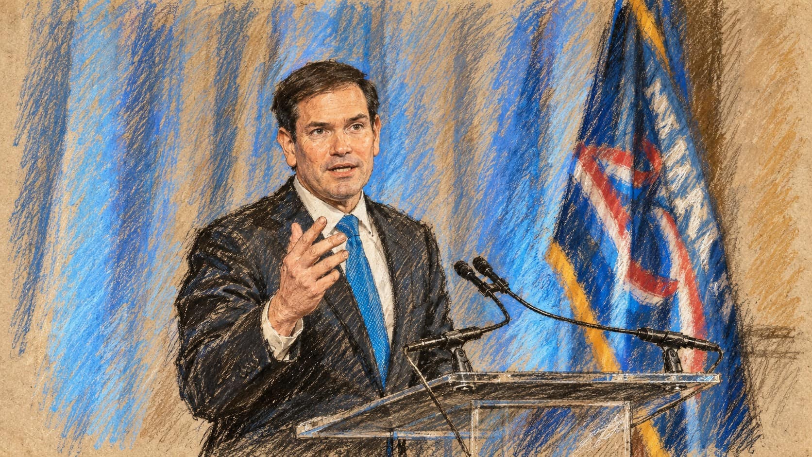 Courtroom-sketch editorial illustration of Marco Rubio speaking at a lectern in an archival July 2025 scene