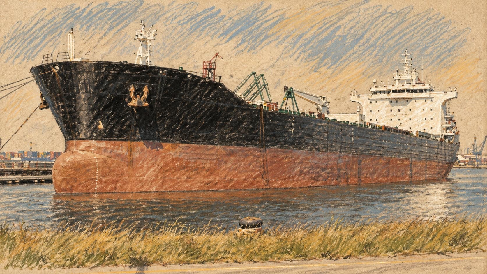 Courtroom-sketch editorial illustration of the tanker Bering Sea docked at Antwerp in 2006, an archival contextual scene unrelated to the two attacked tankers, rendered in warm ochre and slate-blue pastel strokes.